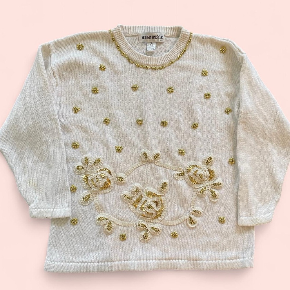 Vintage 90’s Cream/white and gold beaded sweater with floral embroidery